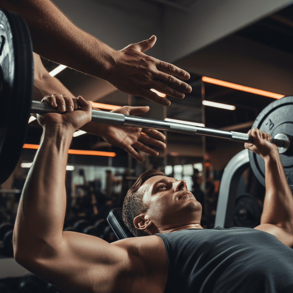 Personal trainer coaching member during strength training at luxury fitness facility